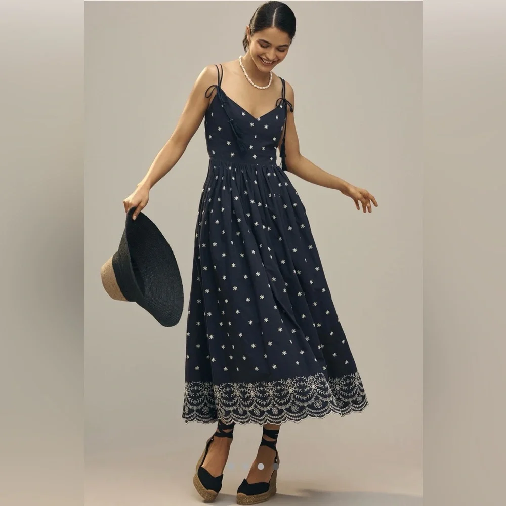 En Saison Nara Cotton Embroidered Tie-Strap Midi Dress - Picture 2 of 16